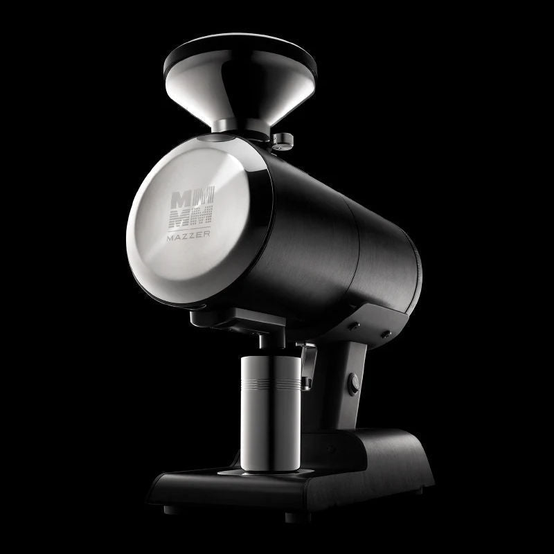 Mazzer Philos Black single dose espresso grinder with dosing cup against black background