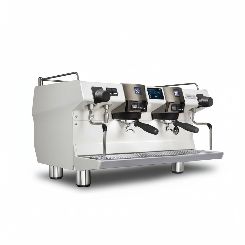 White Rancilio Invicta espresso machine from the side